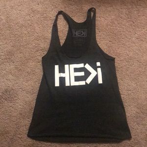 HE>i dark grey razor back tank top